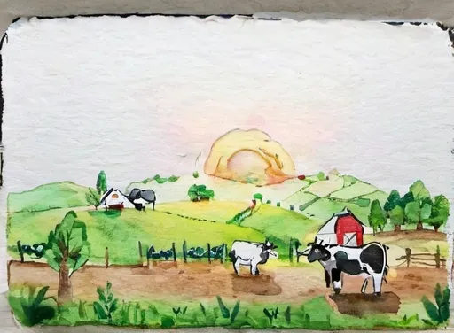 Prompt: Giant computer serves as the background of the Image and displays a sunrise on the black screen. The middle ground.depicts a rolling lush landscape filled with vegetables and crops. In the foreground there are Cows and chickens and goats and horses and sheep graze the growing crops through the hill.  Reminiscent of Old Macdonalds Farm.