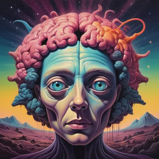 Prompt: surreal spacescape. Light travels faster than sound depicted Eyes and ears. Decaying brain. Bright colors. Surrealist art style Dahli inspired