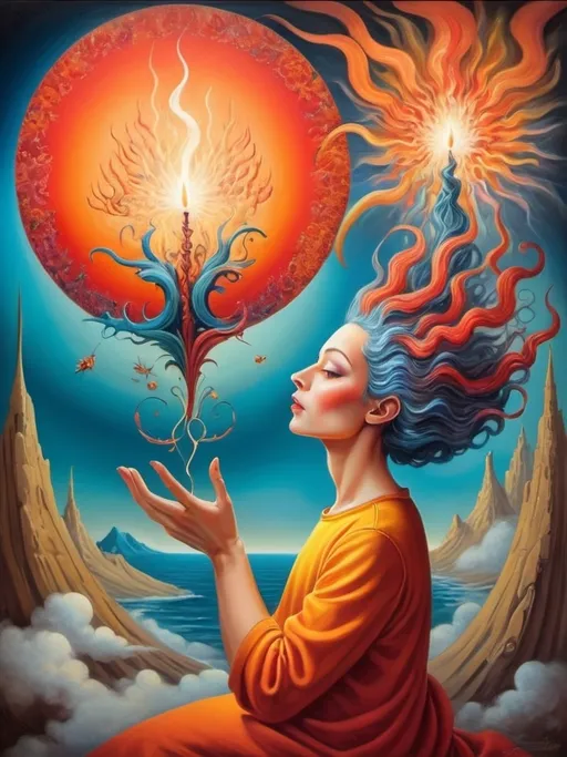 Prompt: Art style of Salvadore Dahli.
 Surrealist art movement. 
A dreamscape of imagination that Evokes a feeling of Trust and self worth. An overall sense of happiness about life. 

A self fanning tiny, inner sparks of possibility into flames of achievement showing a sense of movement and enlightenment. surreal. Fantasy. Bright colors. 
