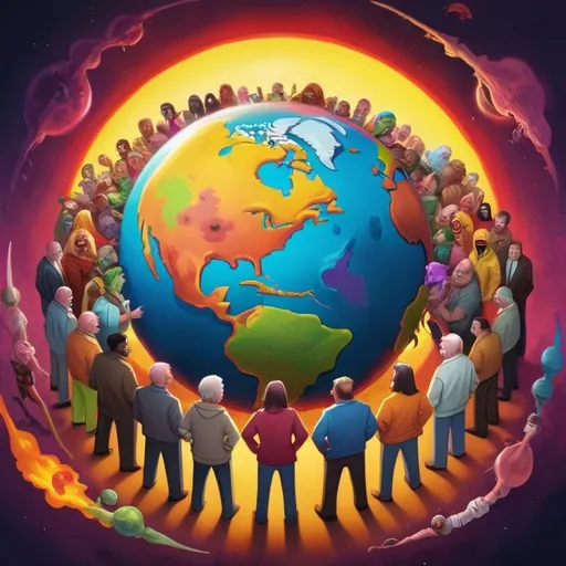 Prompt: A brightly colored sunshiny planet earth surrounded by mean horrible people 