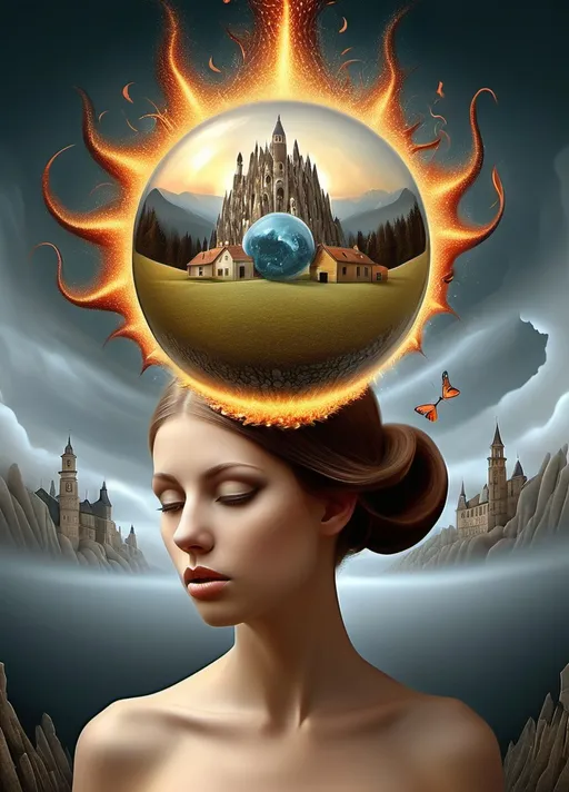 Prompt: Art style of Igor Morski’s. Surrealist neo-surrealism, modern surrealism, art movement. 
Fantasy.
A dreamscape of imagination that Evokes a feeling of Trust and self worth. An overall sense of happiness about life. 
A self emmits tiny, inner sparks of possibility into flames of achievement showing a sense of movement and enlightenment. surreal. Fantasy. Bright colors (oranges, yellows, reds, teals, blues, white, pink, bright green.)