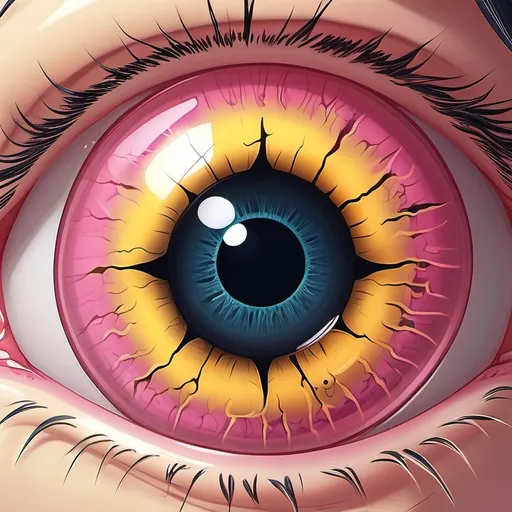Prompt: The subject is an eye with yellow crust and ooze emitting from the eye, infected with Conjunctivitis. 
The eyed is designed with a Pink sclera, Black pupil and blue iris.
Anime illustration 