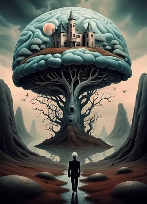 Prompt: Art style of Salvadore Dahli.
 Surrealist art movement. Fantasy. 
A mythical landscape. 
Brains wanders Because it's way too little to be out alone. surreal. Mythological. Dreamscape.
