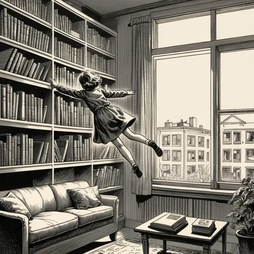 Prompt: Exterior apartment building, girl falling out of the window, interior living room, bookshelve, vintage illustration.