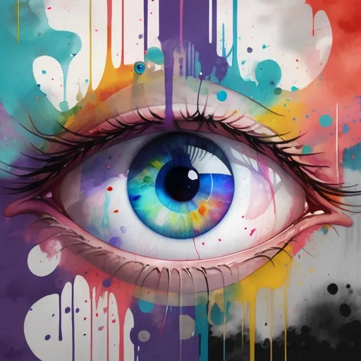 Prompt: digital watercolor painting, two eyes look into frame, you can see the world depicted in their eyeballs, a changing world, time, paint splatter, bright colors bold brush strokes, art nouveau