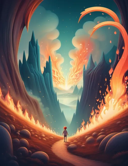 Prompt: Surreal imagination landscape. The image Evokes a feeling of Trust and self worth. An overall sense of happiness about life. Anthropomorphic self fanning tiny, inner sparks of possibility into flames of achievement denoting, a sense of movement and progress.  intense hues.