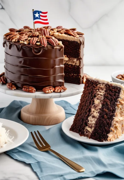 Prompt: Flag of Texas and background, German's chocolate cake, three layers of chocolate cake filled and topped with a coconut-pecan frosting. A beautifully layered chocolate cake takes center stage on a marble cake stand, showcasing its rich, dark exterior adorned with a glossy ganache and a sprinkle of chopped pecans along the base. The top of the cake is decorated with a luscious coconut frosting, enhancing its visual appeal with its creamy texture and toasted coconut flakes. Beside the cake, a perfectly sliced piece reveals moist layers, each filled with a decadent blend of chocolate and coconut, stacked high to invite a satisfying bite. The scene is complemented by a soft turquoise tablecloth and elegant silver forks, suggesting a cozy, inviting atmosphere perfect for a celebration or gathering. Bright, diffused lighting adds warmth to the image, enhancing the indulgent nature of the dessert.
