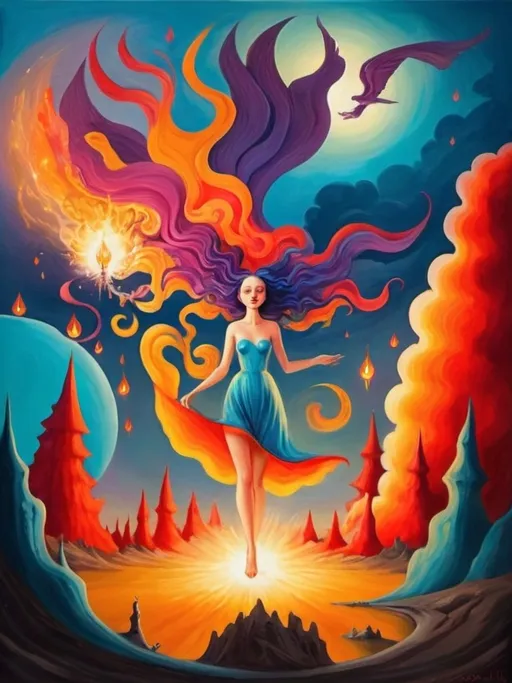 Prompt: Art style of Salvadore Dahli.
 Surrealist art movement. 
A dreamscape of imagination that Evokes a feeling of Trust and self worth. An overall sense of happiness about life. 

A self fanning tiny, inner sparks of possibility into flames of achievement showing a sense of movement and enlightenment. surreal. Fantasy. Bright colors. 