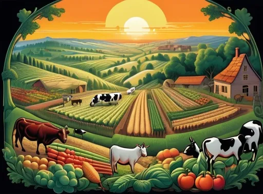 Prompt: Giant computer serves as the background of the Image and displays a sunrise on the black screen. The middle ground.depicts a rolling lush landscape filled with vegetables and crops. In the foreground there are Cows and chickens and goats and horses and sheep graze the growing crops through the hill.  Reminiscent of Old Macdonalds Farm.