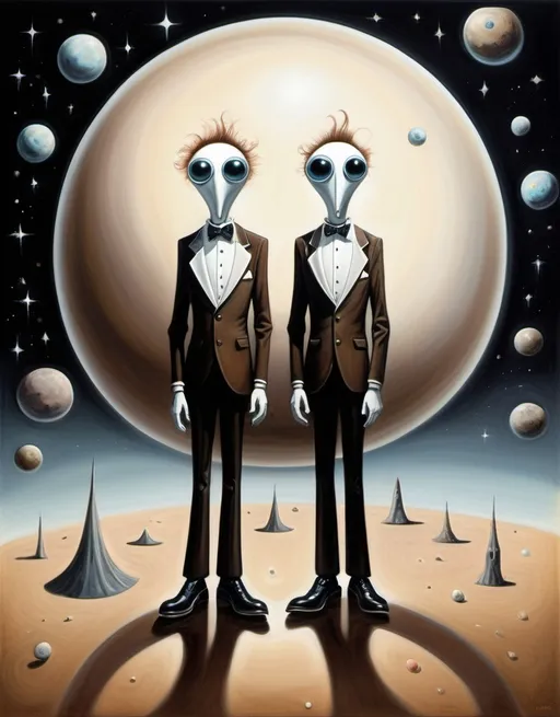 Prompt: In space the world wearing a tuxedo. pair of brown shoes stare at world from afar. Surrealism. Surreal. Tim Burton illustration style
George Gobel