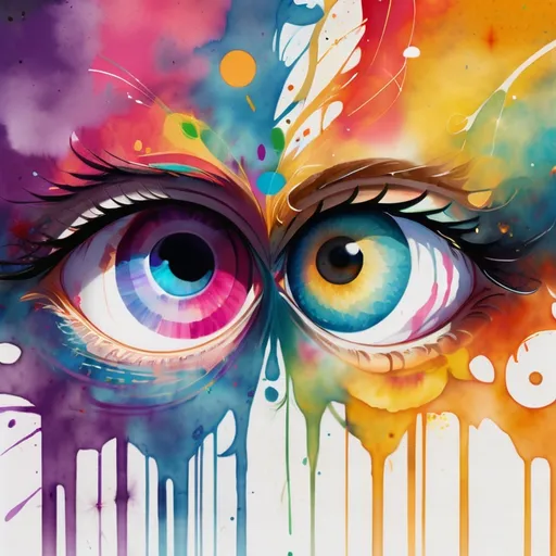 Prompt: digital watercolor painting, two eyes look into frame, Ewing, a changing world, paint splatter, bright colors bold brush strokes, art nouveau