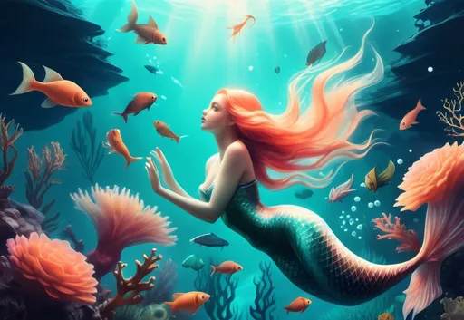 Prompt: An underwater fantasy lands. digital artwork. The image evokes a feeling of lightness and oddness. beautiful imaginative creatures swim through water. Rare fish, mermaid, coral.