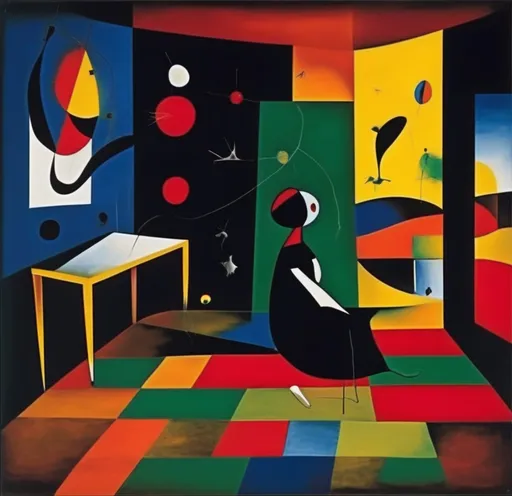 Prompt: Joan Miro surrealist style, ethereal dreamscape.surreal room depicts a female figure sitting alone in a living space. She is alone and lonely. Contrast between dark colors and bright colors.