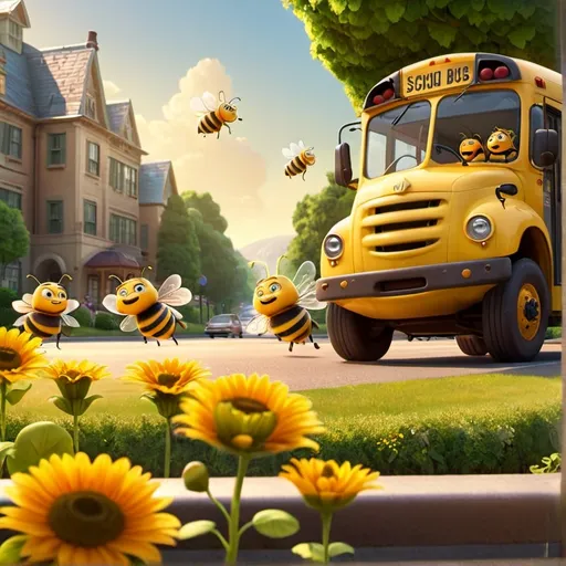 Prompt: Cartoon bees with human characteristics looking out school bus window as the school bus drives down the street. Beautiful lush garden background with sunny, natural lighting.