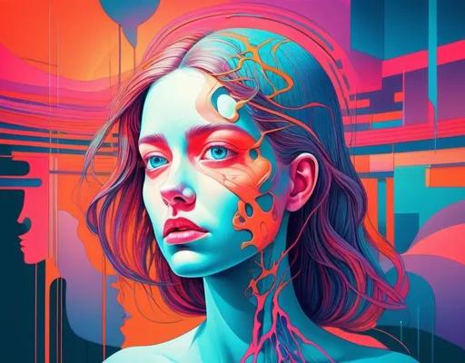 Prompt: Surreal scape. Surrealist. Illustration. Drawing. Vibrant hues, female figure seeing through her eyes what others cannot see representing. a glitch in brain.