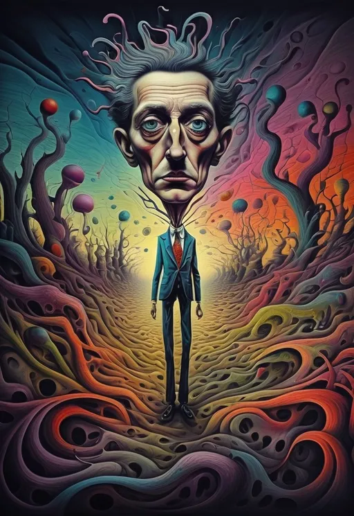 Prompt: The image depicts a fine line between one person who is a displays both genius and insane characteristics. Bold colors. Surrealist art style