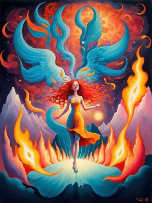 Prompt: Art style of Salvadore Dahli.
 Surrealist art movement. 
A dreamscape of imagination that Evokes a feeling of Trust and self worth. An overall sense of happiness about life. 

A self fanning tiny, inner sparks of possibility into flames of achievement showing a sense of movement and enlightenment. surreal. Fantasy. Bright colors. 