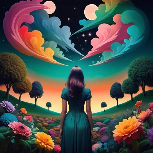 Prompt: Surreal image (Salvadore Dahli style. Lush colorful Garden of landscape. Creationism.  A female stands perfectly, still with back facing frame. Rising from the female are multiple souls drifting into the night sky. image of evokes feelings of understanding and creativity and peace. Surrealism.