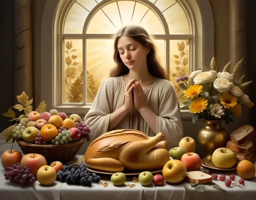 Prompt: Create
allegorical illustration about gratitude and thanks. The scene is serene and comforting and calm. The image features overflowing fruit, bread, heart shaped flowers, and family treasures. A humble figure sits there with eyes closed and hands clasped in gratitude, bathed in a golden shaft of light from above. Their expression is peaceful and content. Sense of opulence. The light here is warm and comforting with contrasts of light and shadow. Hues of rich golds, deep reds, and dark browns, high contrast.