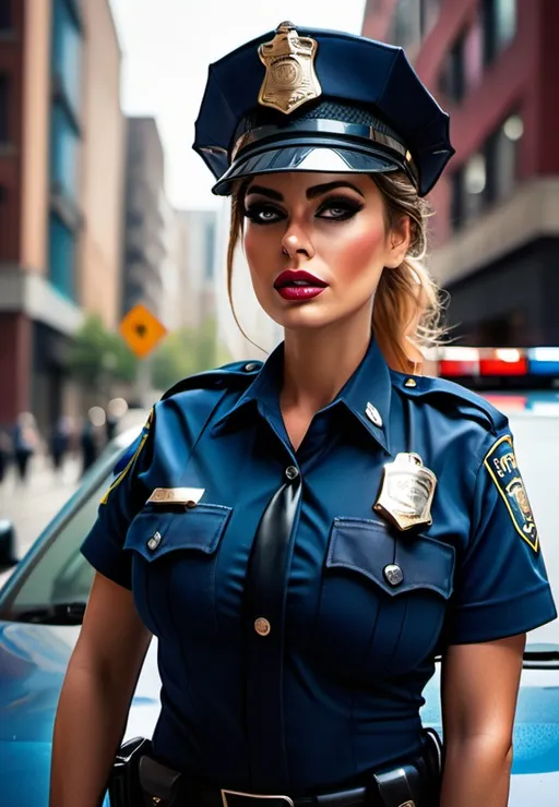 Prompt: Sultry and busty Female police officer stand on An urban street. A man is pulled over in his car with a look of excitement. rich colors his face.