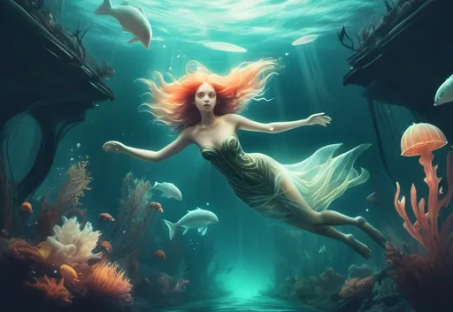 Prompt: An underwater fantasy lands.digital artwork inspired. The image evokes a feeling of lightness and oddness. beautiful imaginative creatures swim through water. fantasy art.