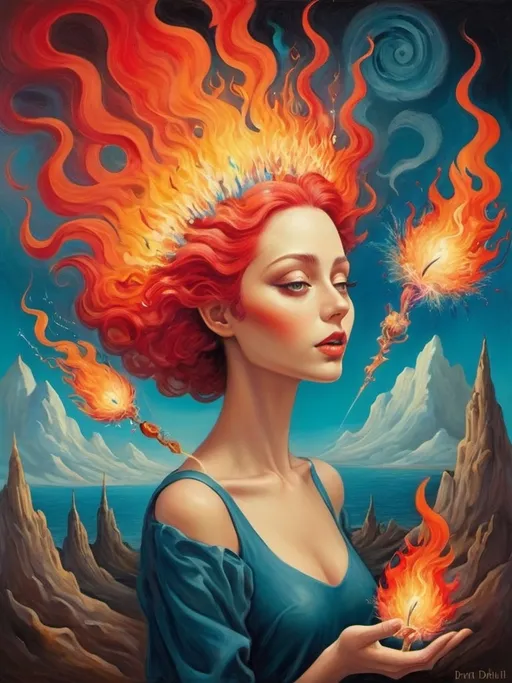 Prompt: Art style of Salvadore Dahli.
 Surrealist art movement. 
A dreamscape of imagination that Evokes a feeling of Trust and self worth. An overall sense of happiness about life. 

A self fanning tiny, inner sparks of possibility into flames of achievement showing a sense of movement and enlightenment. surreal. Fantasy. Bright colors. 