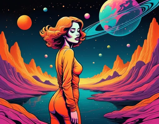 Prompt: Comic illustration style. Fantasy spacescape. Trust in the universe. female surrendering to the flow of life and embracing the unknown. Vibrant pulp style. Pop art