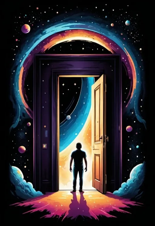 Prompt: Figure standing in doorframe showcasing Opened doors revealing the universe. Fantasy. Vibrant. Space theme