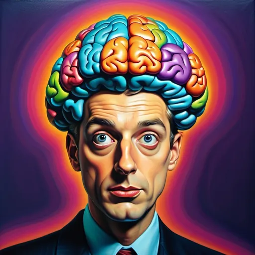 Prompt: The image to pick a man with a small, tiny brain stumbling. Humor. Bright color scheme. Surrealist art movement. 
