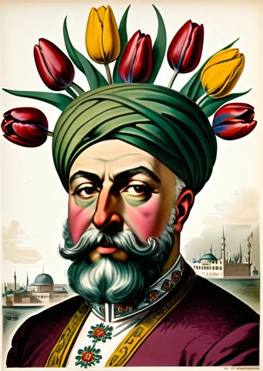 Prompt: vintage English engraving circa 20th century, Ottoman sultan, colorful tulips, tulips decorate  turban, luxury, power.