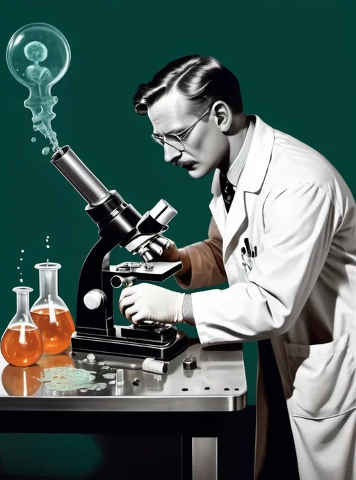 Prompt: Vintage medical illustration. Male scientist. Lab setting. On steel table with microscope sits a cup with mold and liquid spewing from the top onto the table