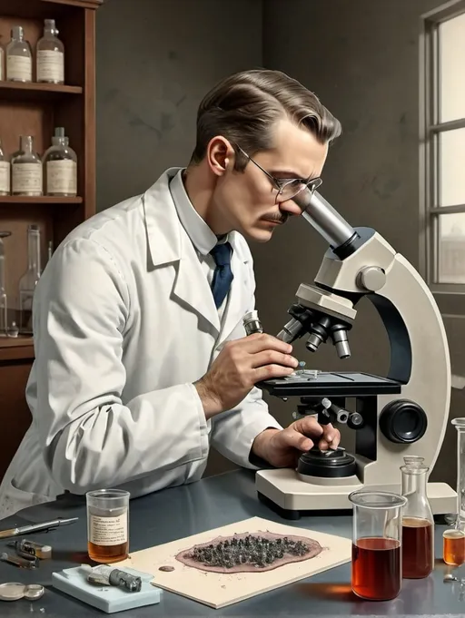 Prompt: Vintage medical illustration. Male scientist. Lab setting. On steel table with microscope sits a cup with mold and liquid spewing from the top onto the table