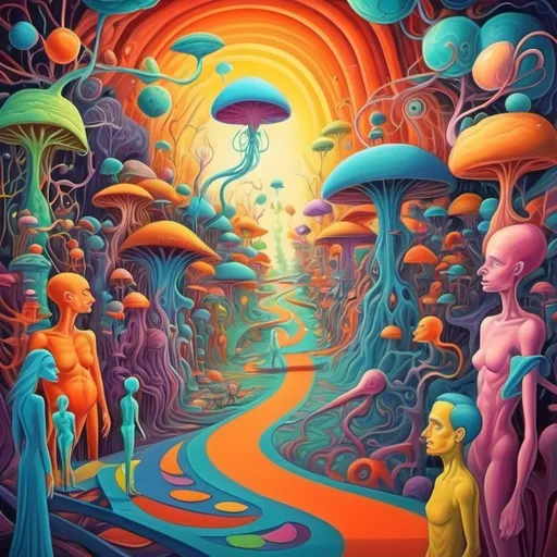 Prompt: A scene with many minds roaming along neuro pathways. Humor. Fantastical dreamscape.  imagination. Bright color scheme. Surrealist art movement. 