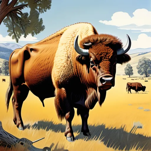 Prompt: A cow-bison hybrid, beefalo set on a California ranch, 1970’s illustration 