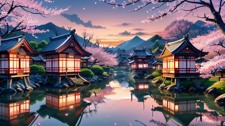 Prompt: Realistic, traditional japanese village at sunset, cherry blossom, detailed architecture, serene atmosphere, high quality, traditional, village, sunset scene, cherry blossom, detailed buildings, serene, realistic, atmospheric lighting, peaceful, traditional Chinese, warm tones