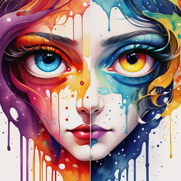 Prompt: digital watercolor painting, two eyes look into frame, Ewing, a changing world, paint splatter, bright colors bold brush strokes, art nouveau