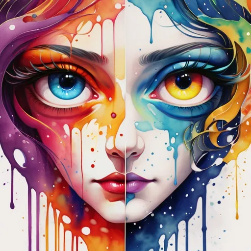 Prompt: digital watercolor painting, two eyes look into frame, Ewing, a changing world, paint splatter, bright colors bold brush strokes, art nouveau