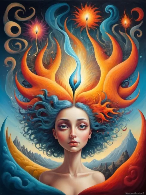 Prompt: Art style of Salvadore Dahli.
 Surrealist art movement. 
A dreamscape of imagination that Evokes a feeling of Trust and self worth. An overall sense of happiness about life. 

A self fanning tiny, inner sparks of possibility into flames of achievement showing a sense of movement and enlightenment. surreal. Fantasy. Bright colors. 