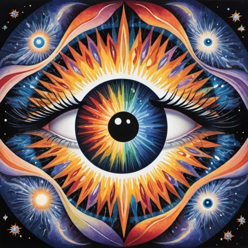 Prompt:  A striking set of stylized eyes serves as the central focus, featuring an iris that vividly incorporates an image of the Earth and universe. The image portrays the changing of a season from winter to spring to summer to fall. The detailed black pupil draws attention, surrounded by a radiant burst of bright colors resembling the image of universe and sun's rays, enhancing the set of eye's impact.