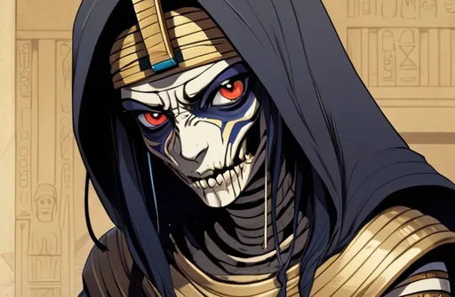 Prompt: 2d dark j horror anime style, Egyptian, mummy macro, gothic 