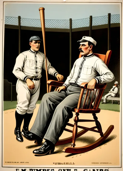 Prompt: Baseball umpires used to sit in rocking chairs Mid-19th century. In the early days, umpire reclines in a rocking chair located 20 feet behind home plate. Vintage sports poster.