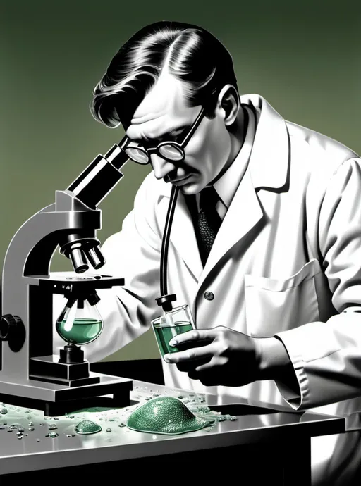 Prompt: Vintage medical illustration. Male scientist. Lab setting. On steel table with microscope sits a cup with mold and liquid spewing from the top onto the table