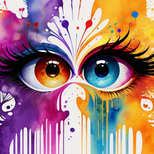 Prompt: digital watercolor painting, two eyes look into frame, Ewing, a changing world, paint splatter, bright colors bold brush strokes, art nouveau