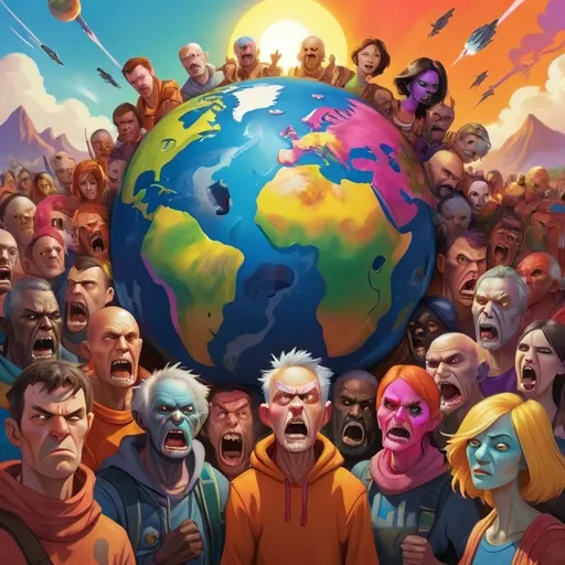 Prompt: A brightly colored sunshiny planet earth surrounded by mean horrible people 