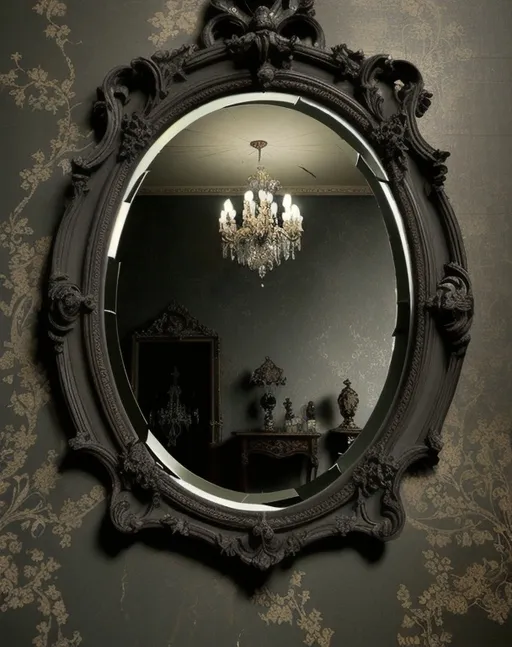 Prompt: Rococo art style
Grungy Dark colors
Dramatic harsh lighting 

Main subject is A Shattered mirror Shows many flaws while hanging on a delicate Victorian Style wallpaper 

Image evokes Feelings of broken but good intentions.  
