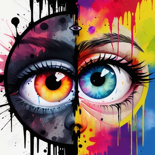 Prompt: digital watercolor painting, two eyes look into frame, you can see the world depicted in their eyeballs, a changing world, time, paint splatter, bright colors bold brush strokes, gothic