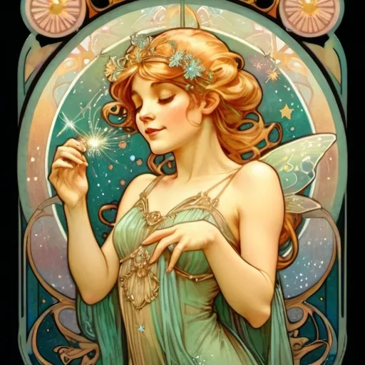 Prompt: Alphonse Mucha Style, art nouveau illustration of a fairy sprinkling pixie dust over the world, hope, love, trust, faith