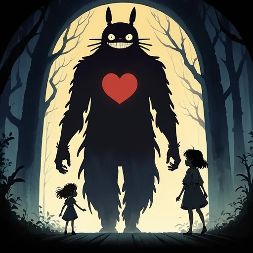Prompt: 2d studio ghibli anime style, shadow figure, being pushed by fears, nightmares in mind and led by the dreams in the heart, pulp style, anime scene, fear and happiness, brain, heart