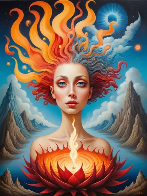 Prompt: Art style of Salvadore Dahli.
 Surrealist art movement. 
A dreamscape of imagination that Evokes a feeling of Trust and self worth. An overall sense of happiness about life. 

A self fanning tiny, inner sparks of possibility into flames of achievement showing a sense of movement and enlightenment. surreal. Fantasy. Bright colors. 