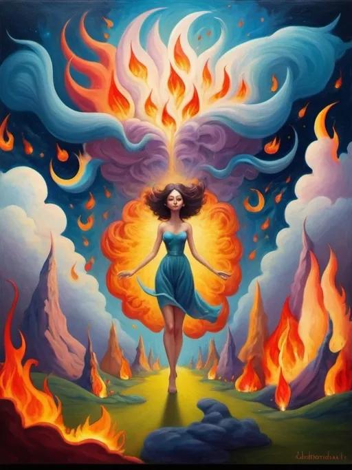 Prompt: Art style of Salvadore Dahli.
 Surrealist art movement. 
A dreamscape of imagination that Evokes a feeling of Trust and self worth. An overall sense of happiness about life. 

A self fanning tiny, inner sparks of possibility into flames of achievement showing a sense of movement and enlightenment. surreal. Fantasy. Bright colors. 